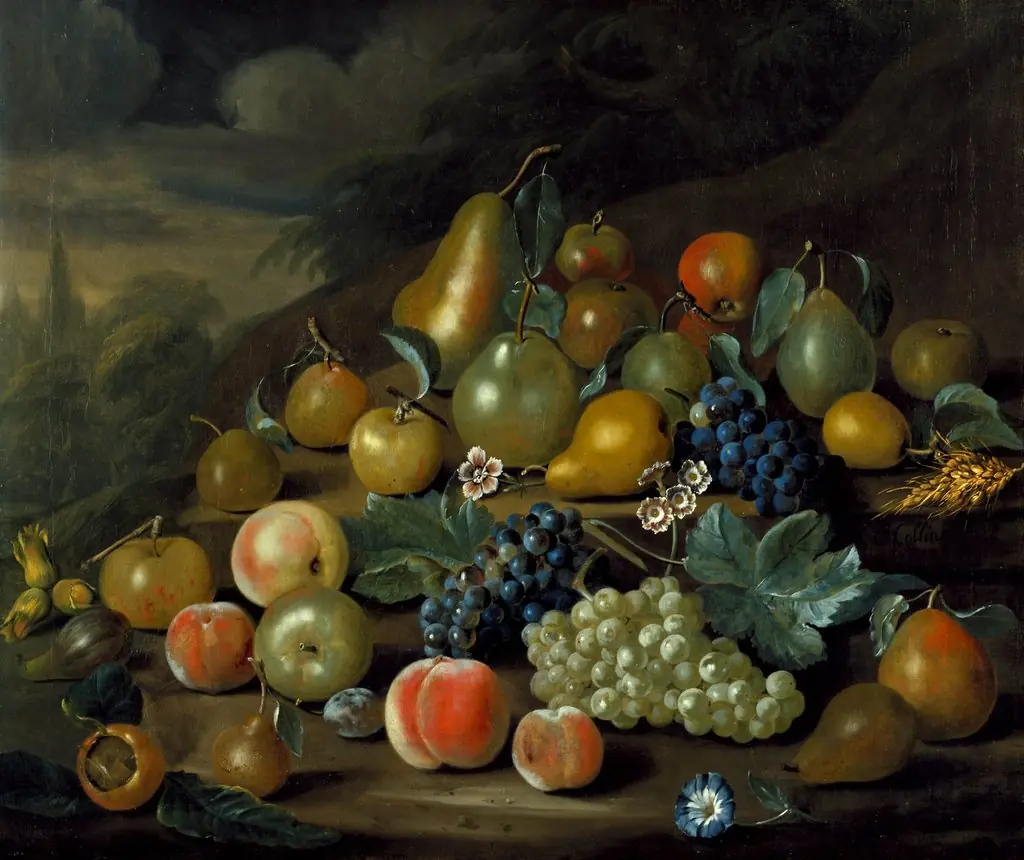 A Still Life of Pears, Peaches and Grapes, by Charles Collins, oil, 1734
