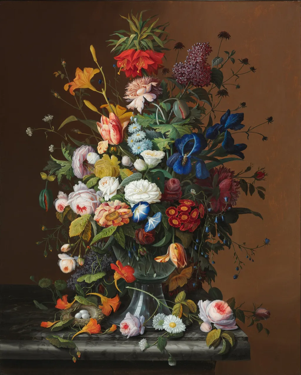 Flower Still Life with Bird's Nest, by Severin Roesen, oil, 1853
