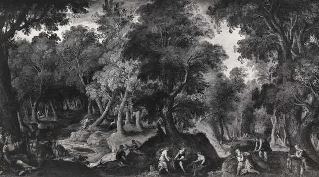 Wooded landscape with Diana and her nymphs, detail