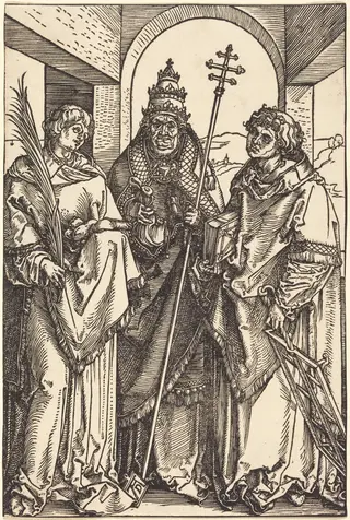 Saints Stephen, Sixtus, and Lawrence, by Albrecht Dürer, ink, 1504