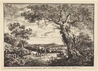 Landscape with Two Cows, by George Walker, ink, 1807