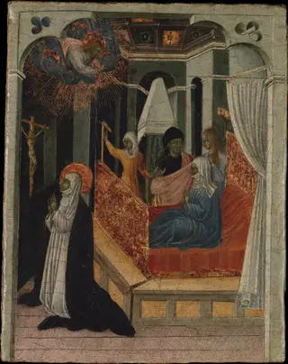 Saint Catherine of Siena Beseeching Christ to Resuscitate Her Mother, by Giovanni di Paolo, unspecified, 1450