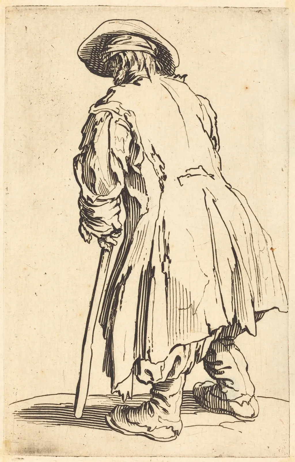 Old Beggar with One Crutch, by Jacques Callot, ink, 1622