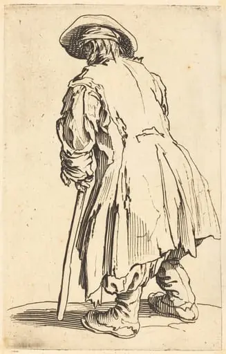 Old Beggar with One Crutch, by Jacques Callot, ink, 1622
