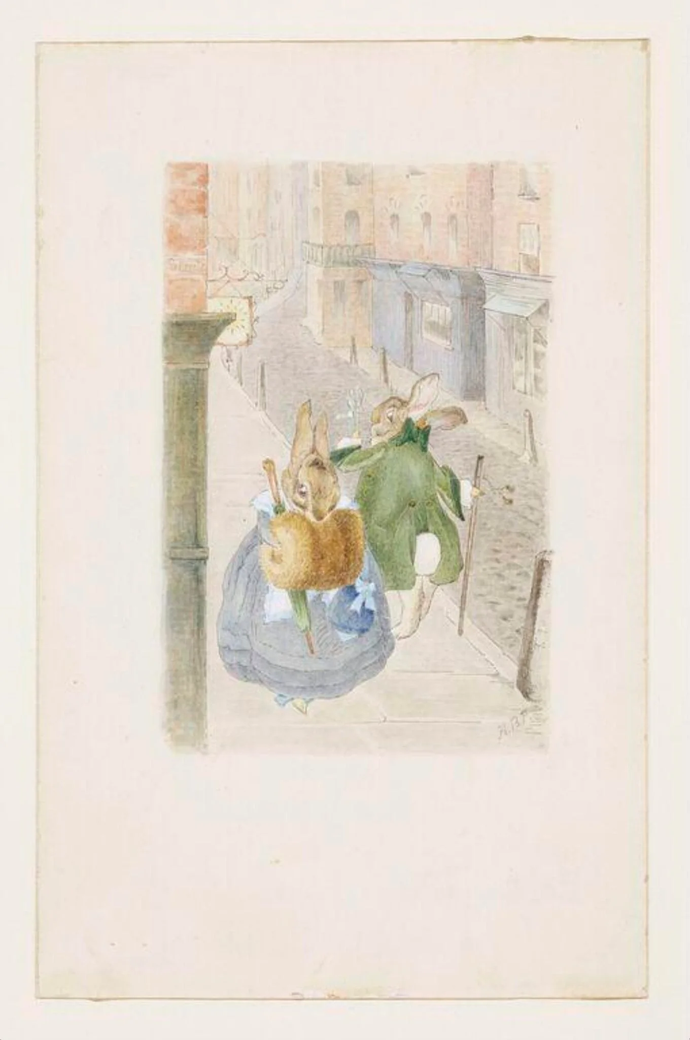 Lady rabbit and gentleman rabbit passing on the street, detail