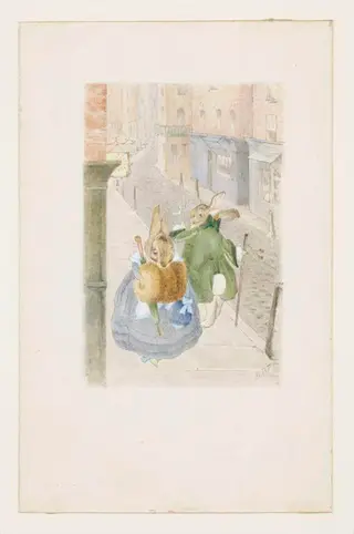 Lady rabbit and gentleman rabbit passing on the street, by Beatrix Potter, watercolor, 1890
