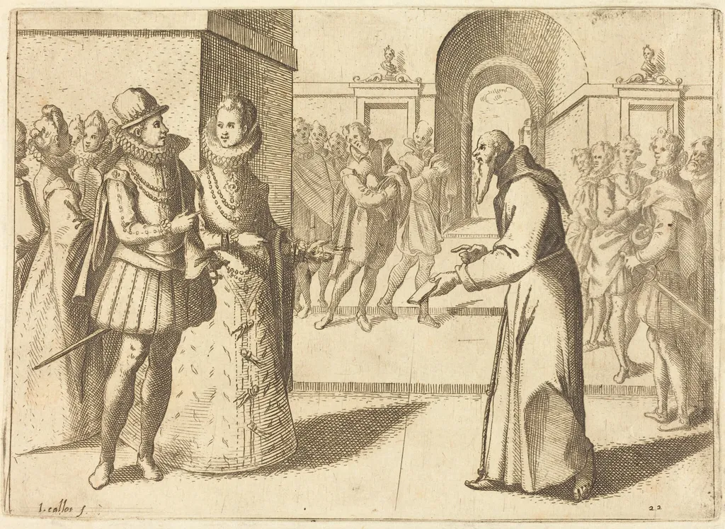 A Capucin Bringing Thanks of the King of Bavaria, by Jacques Callot, ink, 1612