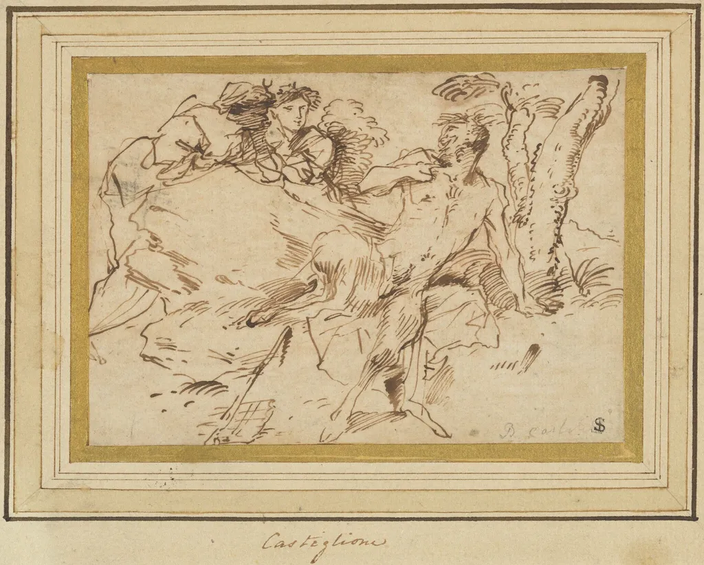 Two Nymphs and a Satyr, by Giovanni Benedetto Castiglione, ink, 1644