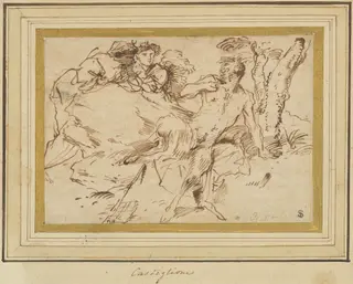 Two Nymphs and a Satyr, by Giovanni Benedetto Castiglione, ink, 1644
