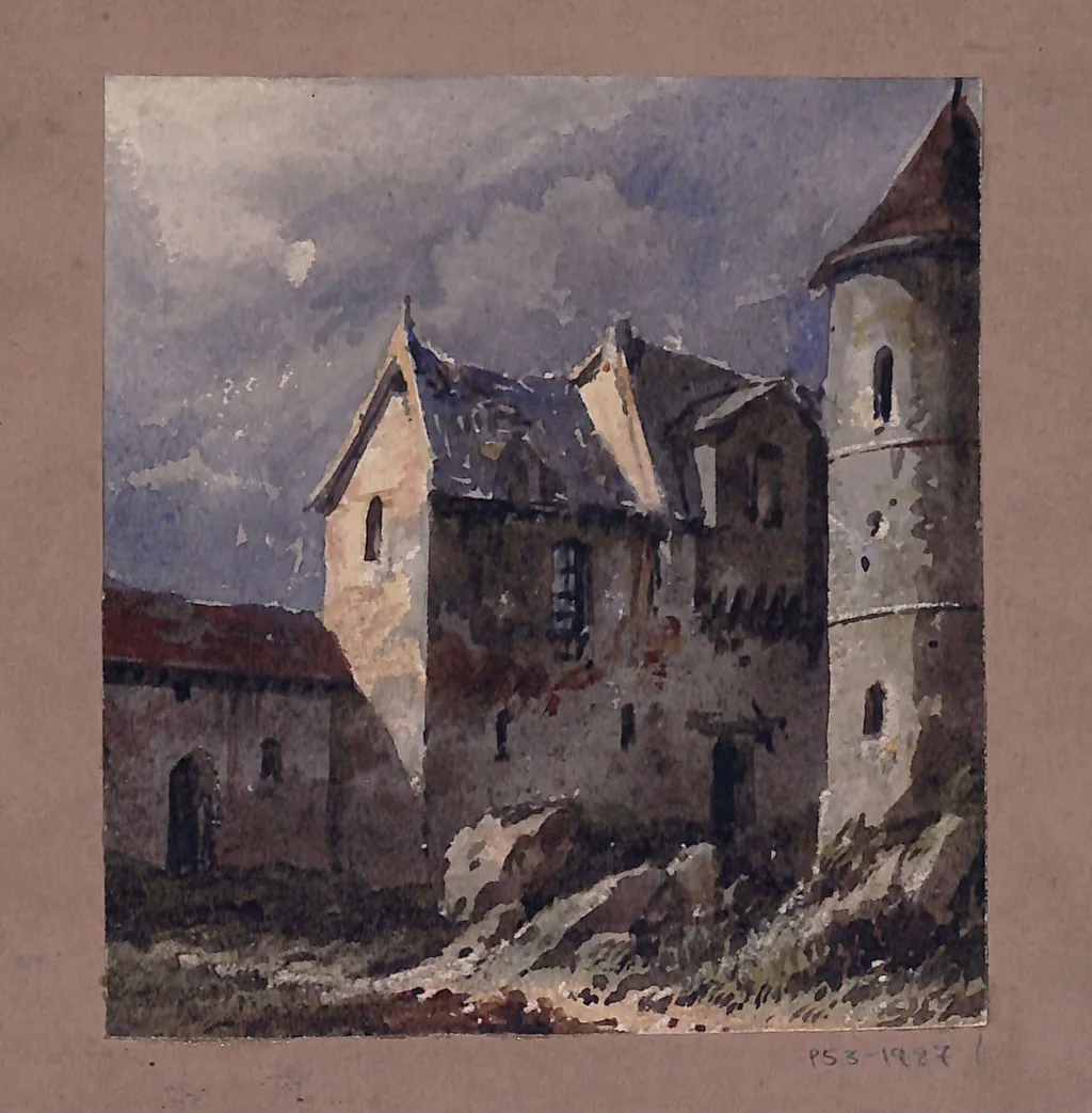 A manor house with a tower, by Marchioness of Waterford Louisa Anne, watercolor, 1864
