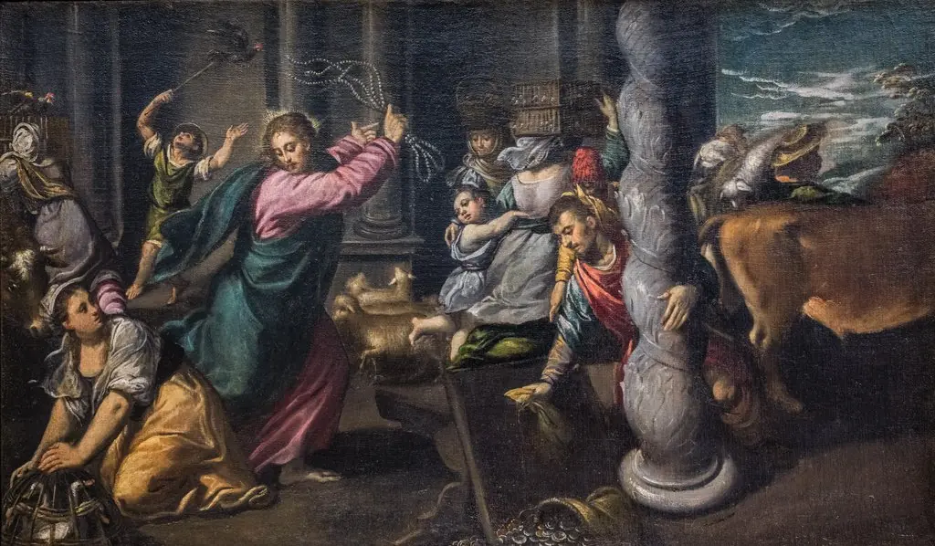 Driving of the merchants from the temple, by Scarsellino, oil, 1590