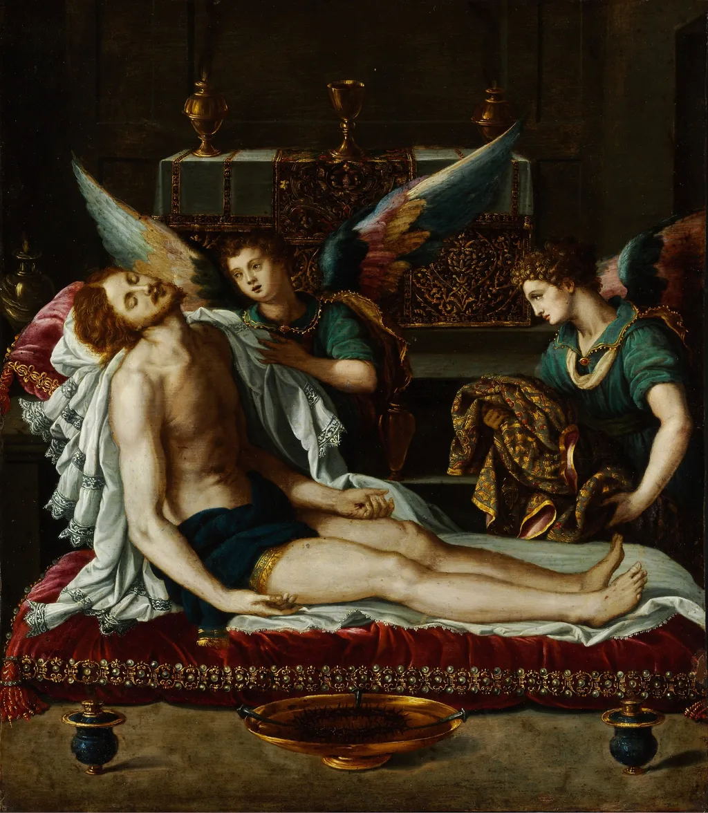 The Body of Christ Anointed by Two Angels, by Alessandro Allori, oil, 1600