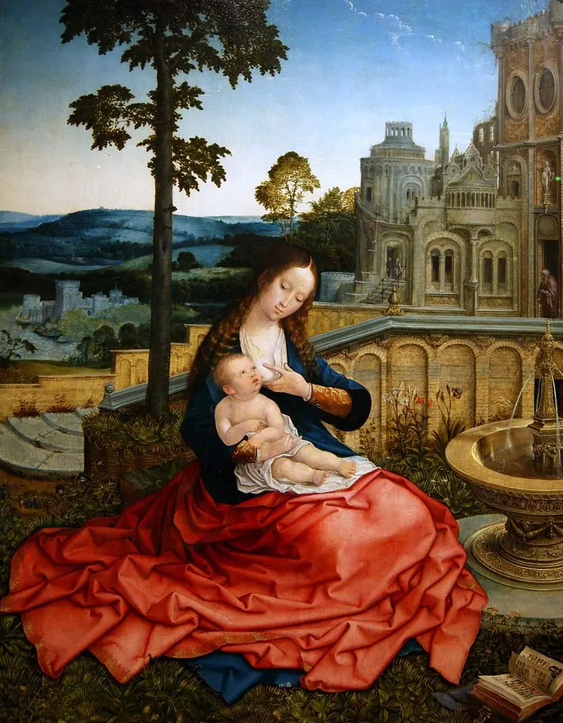 Virgin and Child near a Fountain, by Bernard Van Orley, oil, 1518