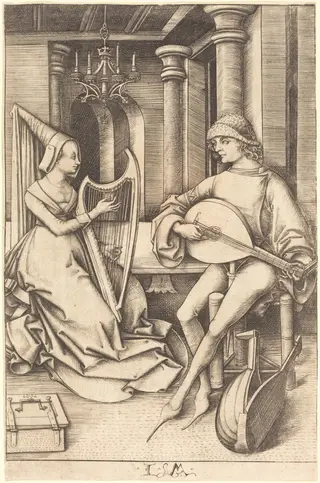 The Lute Player and the Harpist, by Israhel van Meckenem, ink, 1499