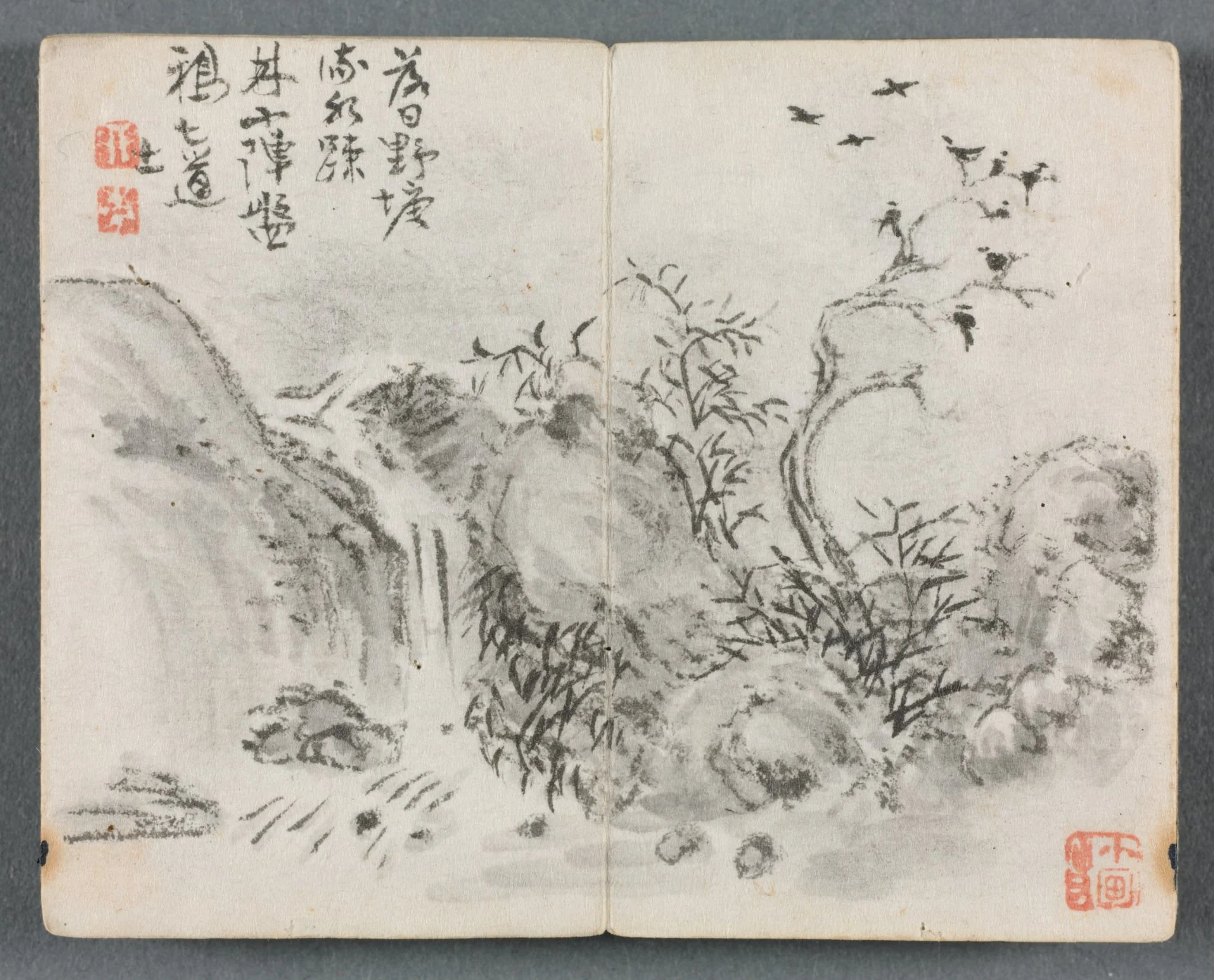 Miniature Album with Figures and Landscape (Waterfall Landscape), detail