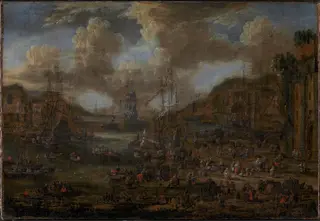 Sounthern Seaport with Numerous Figures on the Shore, by Pieter Casteels II, oil, 1621
