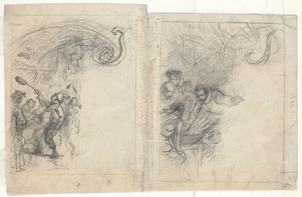Chef Tossing Pancakes and Group of Four Men [verso], by Felix Octavius Carr Darley, graphite, 1855