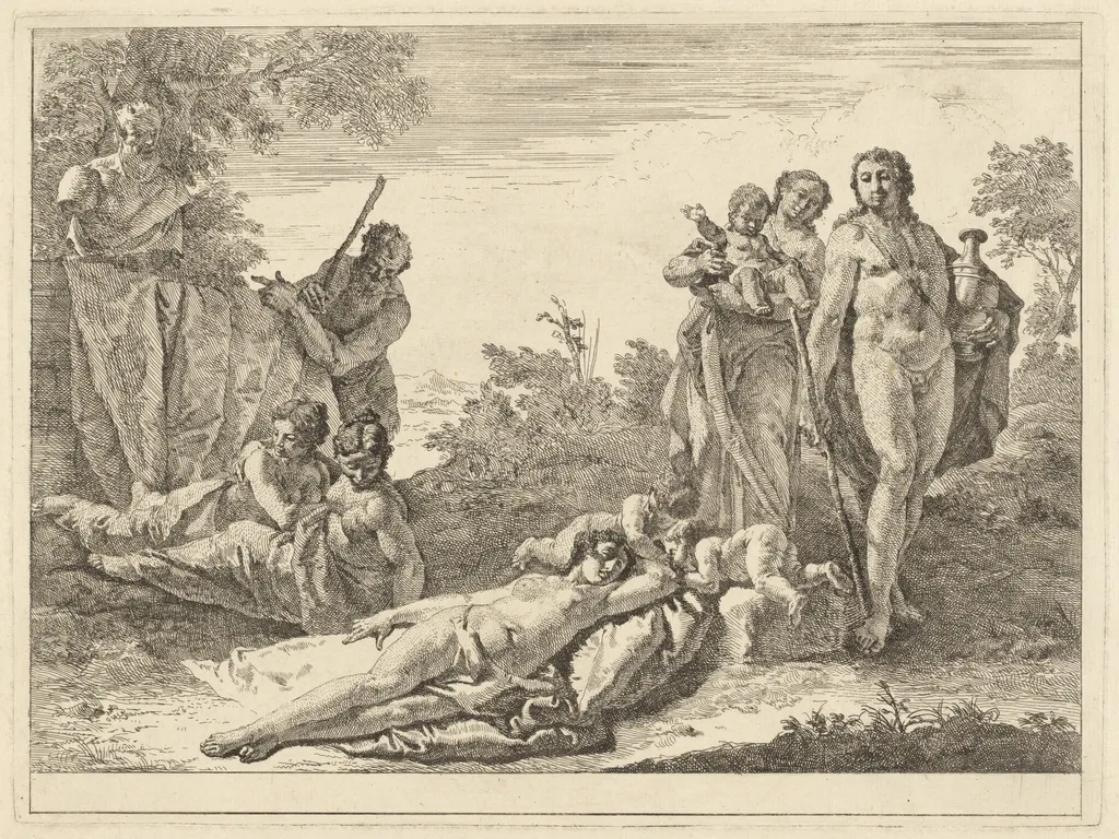 Nine Figures around a Herm of Pan, by Francesco Fontebasso, ink, 1744