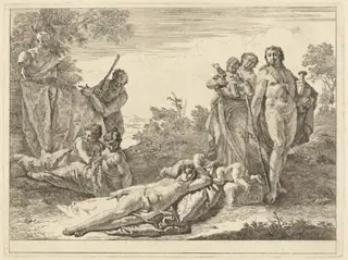Nine Figures around a Herm of Pan, by Francesco Fontebasso, ink, 1744