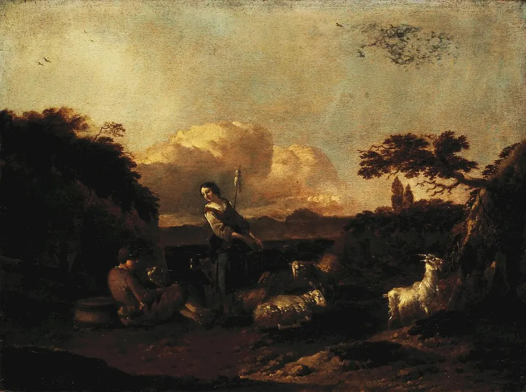 Shepherdess and a Flock of Sheep, by Jan Frans Soolmaker, oil, 1660