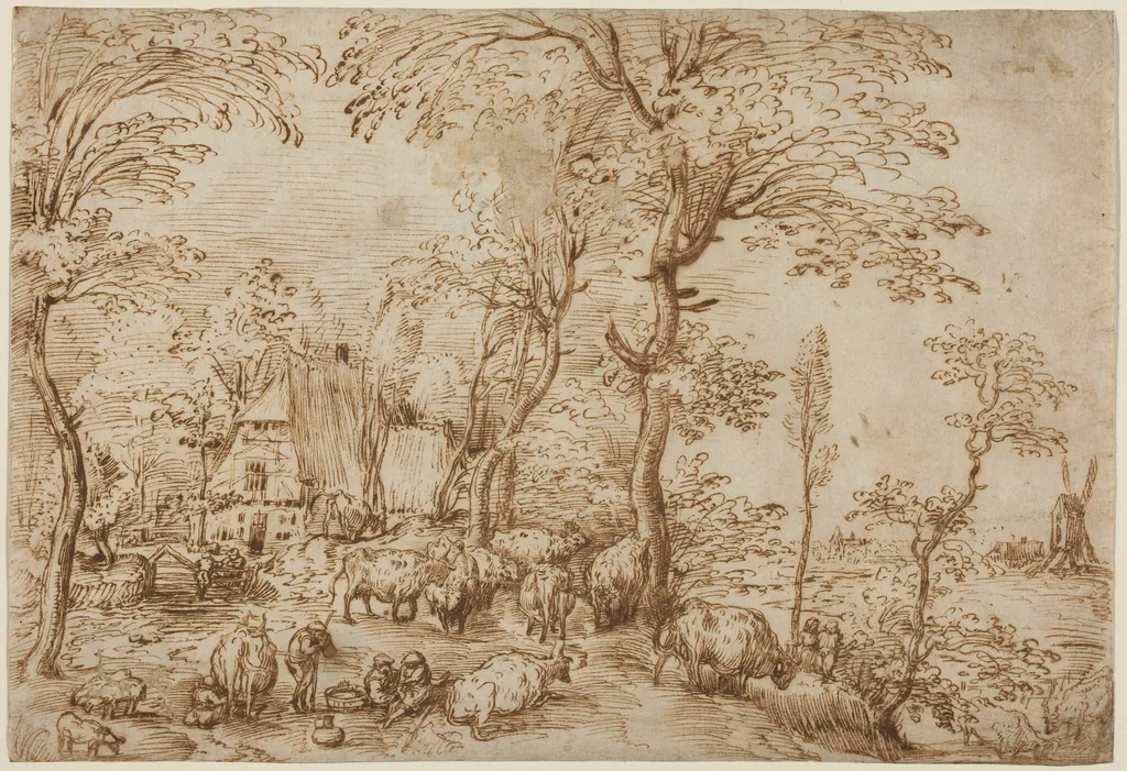 Peasants and Cattle near a Farmhouse, by Pieter Bruegel the Elder, ink, 1554