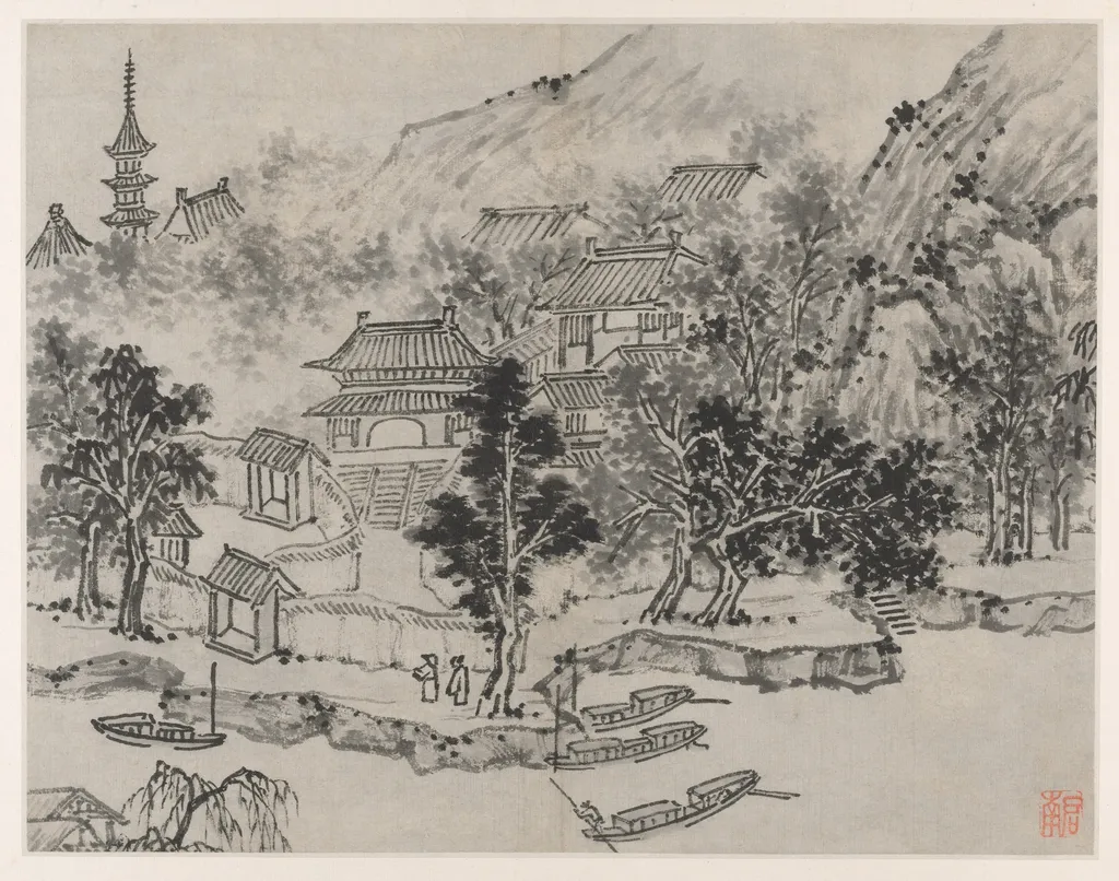 Distant View of Tiger Hill from the Canal Mooring, from Twelve Views of Tiger Hill, Suzhou, by Shen Zhou, unspecified, 1500