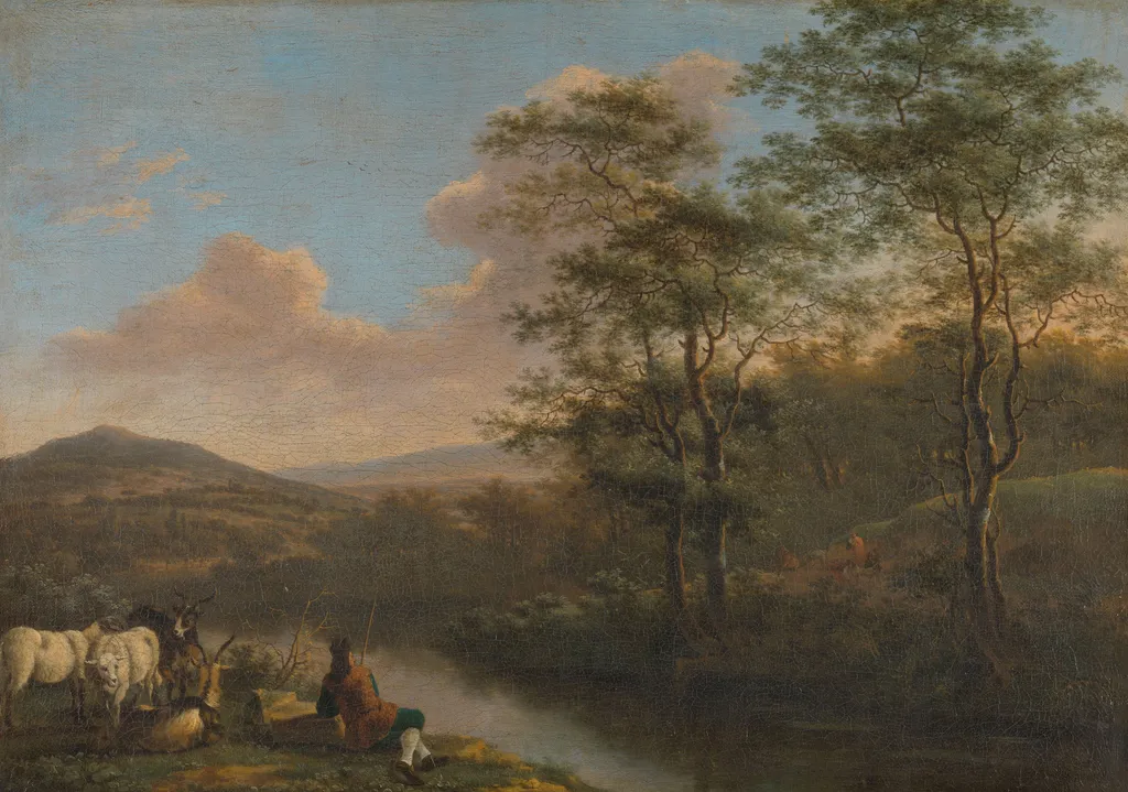 Italian landscape with resting herdsman, by Willem de Heusch, oil, 1650