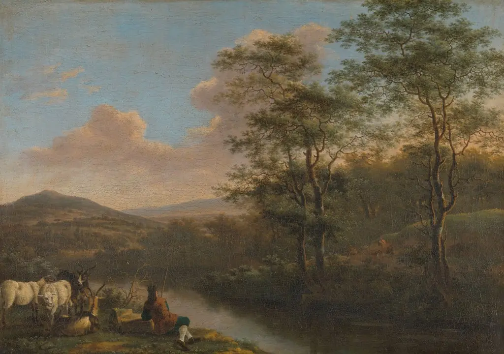 Italian landscape with resting herdsman, by Willem de Heusch, oil, 1650