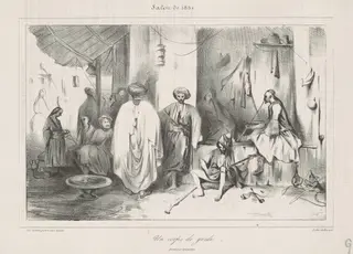 Un corps de garde peint par Decamps, by Honoré Daumier, ink, 1834