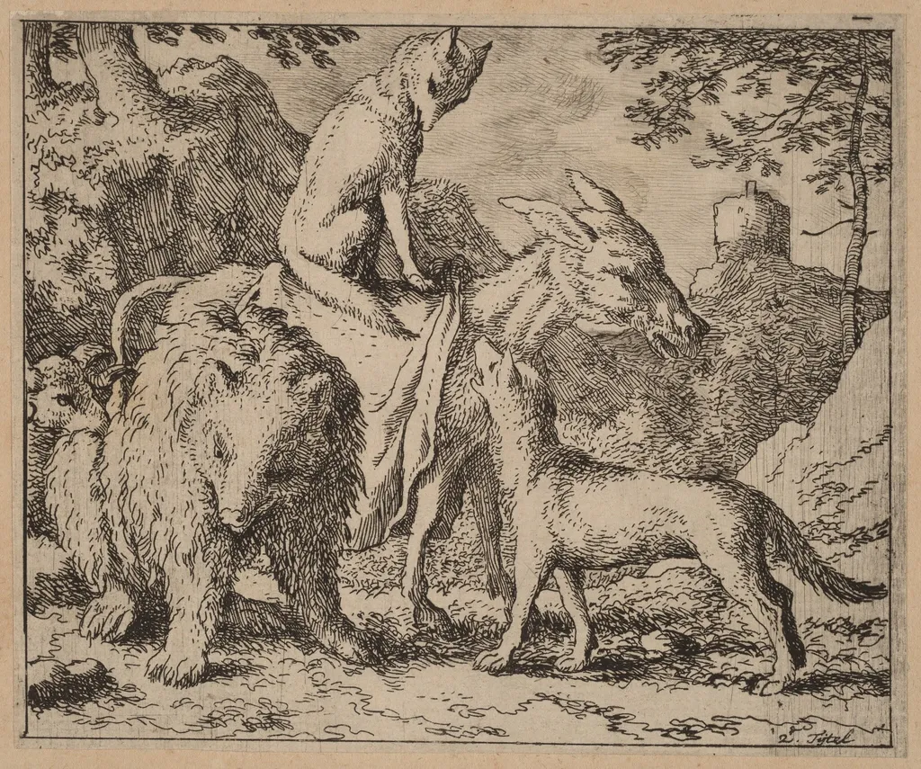Reynard Seated Atop the Ass, by Allart van Everdingen, ink, 1650