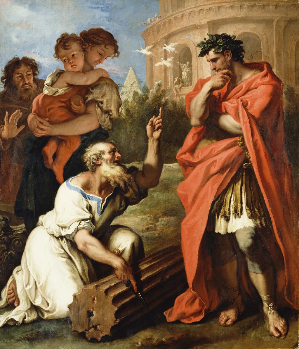 Tarquin the Elder Consulting Attius Navius, by Sebastiano Ricci, oil, 1696