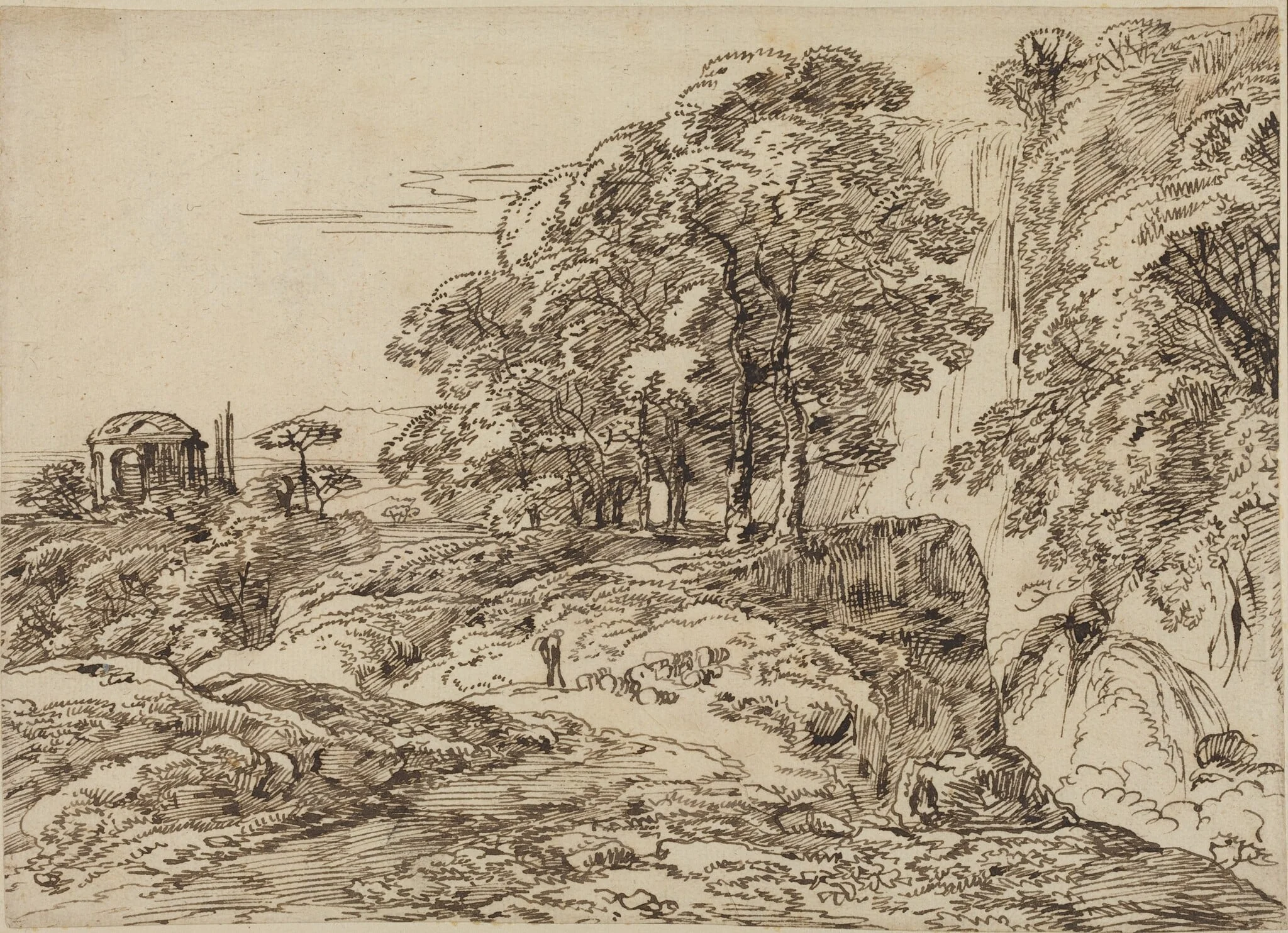 Pastoral Landscape with a Waterfall and a Temple, detail