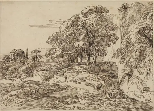 Pastoral Landscape with a Waterfall and a Temple, by Franz Innocenz Josef Kobell, ink, 1786