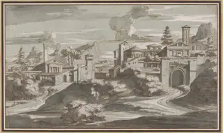 Imaginary Classical Landscape, by Louis Chéron, ink, 1700