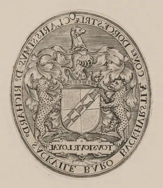 Shield of Richard Sackville, 3rd Earl of Dorset [right half], by Simon van de Passe, ink, 1621