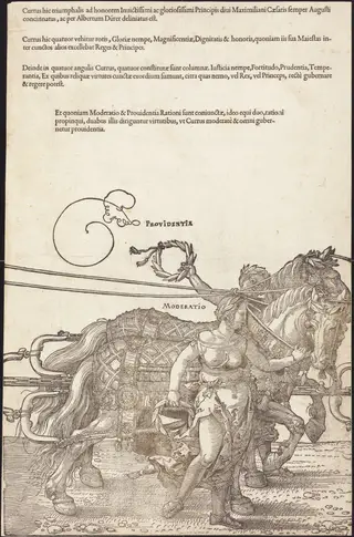 The Triumphal Chariot of Maximilian I (The Great Triumphal Car) [plate 3 of 8], by Albrecht Dürer, ink, 1523