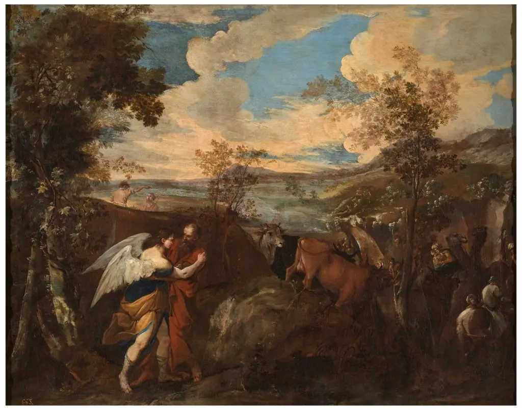 Lucha de Jacob con el ángel, by Andrea di Leone, oil, 1650
