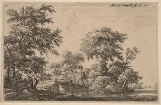 Planks Attached to Four Trees, by Anthonie Waterloo, ink, 1650