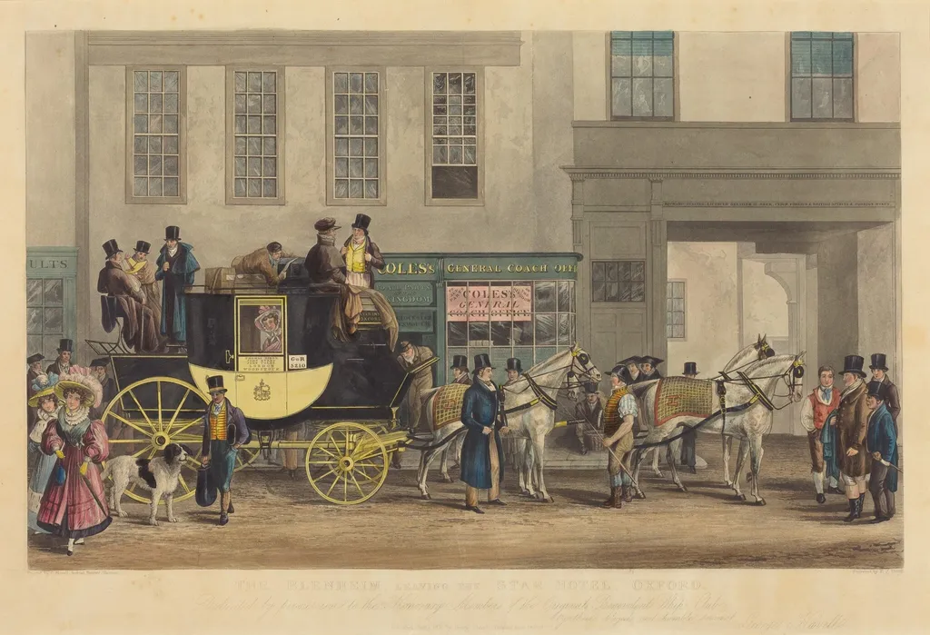 The Blenheim, Leaving the Star Hotel, Oxford, by Frederick James Havell, ink, 1831