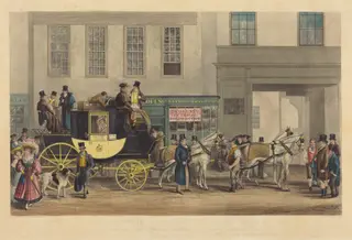 The Blenheim, Leaving the Star Hotel, Oxford, by Frederick James Havell, ink, 1831