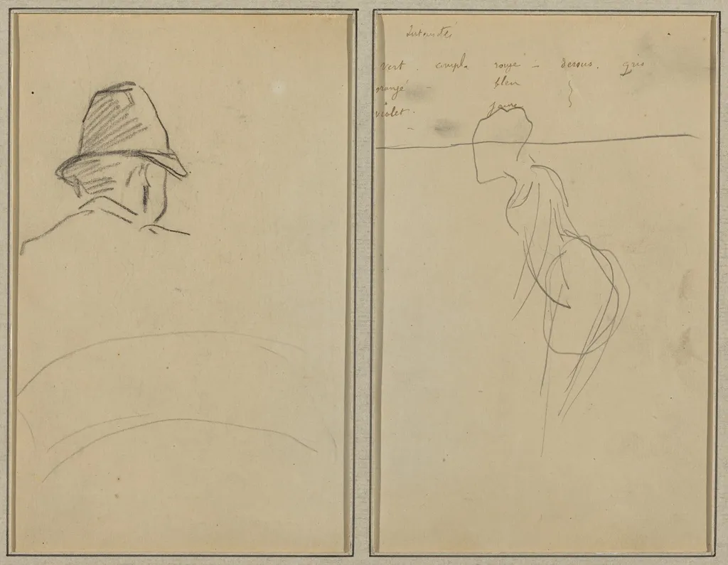 A Head of Man with Hat, Seen from Behind; A Standing Woman [recto], by Paul Gauguin, ink, 1886