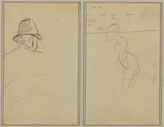 A Head of Man with Hat, Seen from Behind; A Standing Woman [recto], by Paul Gauguin, ink, 1886