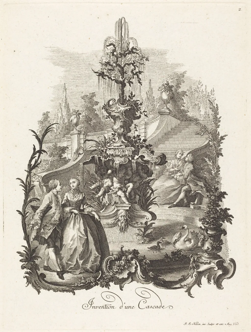 Invention d'une Cascade (Design for a Cascade), by Johann Esaias Nilson, ink, 1758