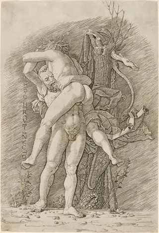 Hercules and Antaeus, by Andrea Mantegna, ink, 1495