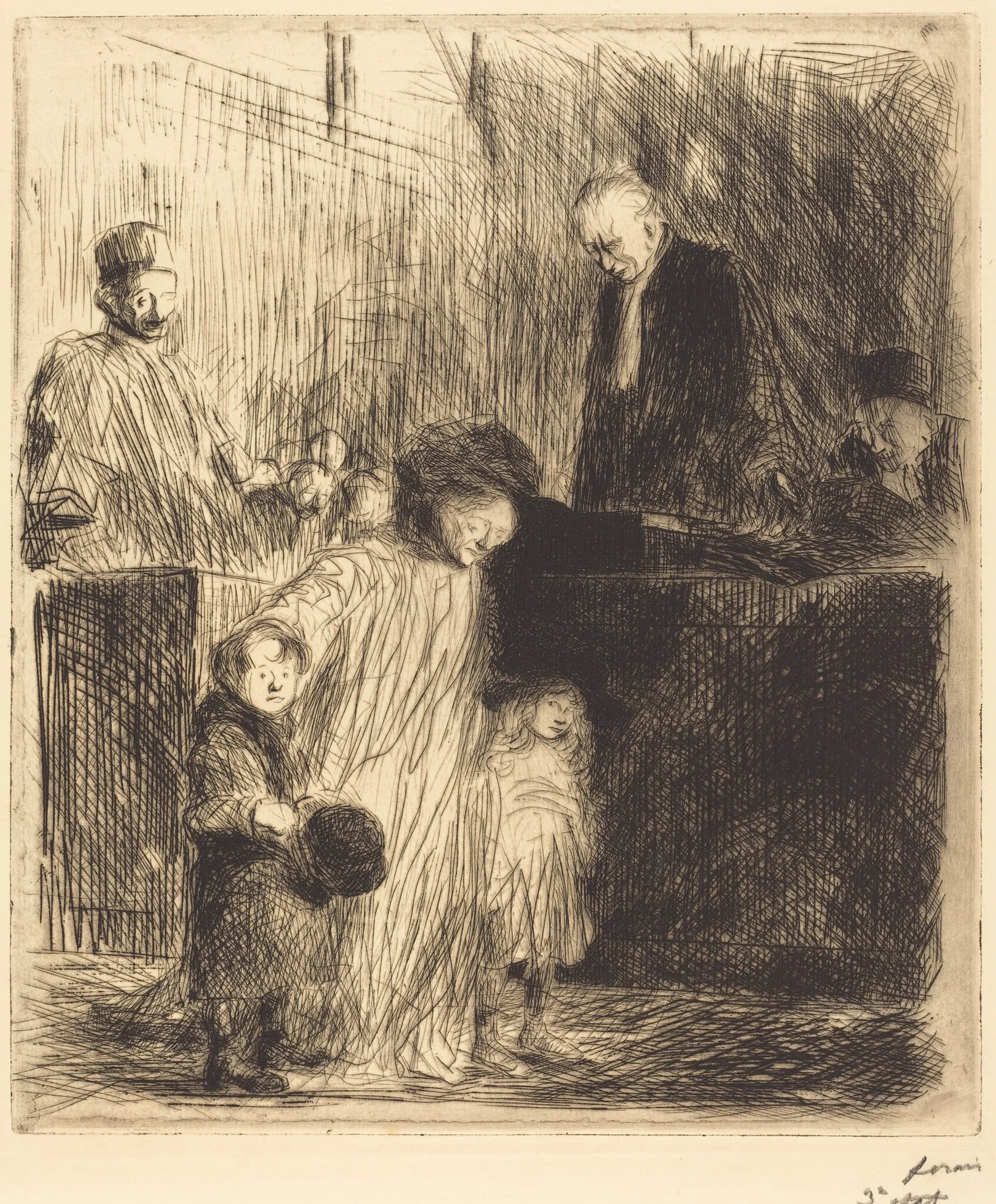La sortie de l'audience (1ère planche) (Coming Out of the Hearing) (first plate), detail