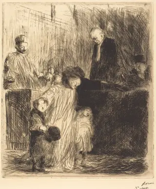La sortie de l'audience (1ère planche) (Coming Out of the Hearing) (first plate), by Jean-Louis Forain, ink, 1909