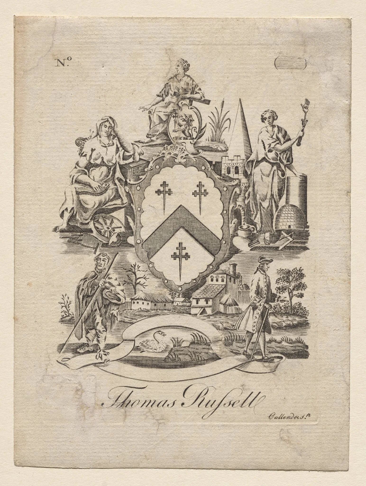 Bookplate: Coat of Arms with Thomas Russell inscribed below, detail