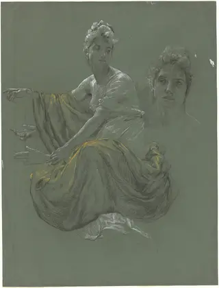 Elegant Young Woman in Classical Drapery, by Otto Greiner, chalk, 1895