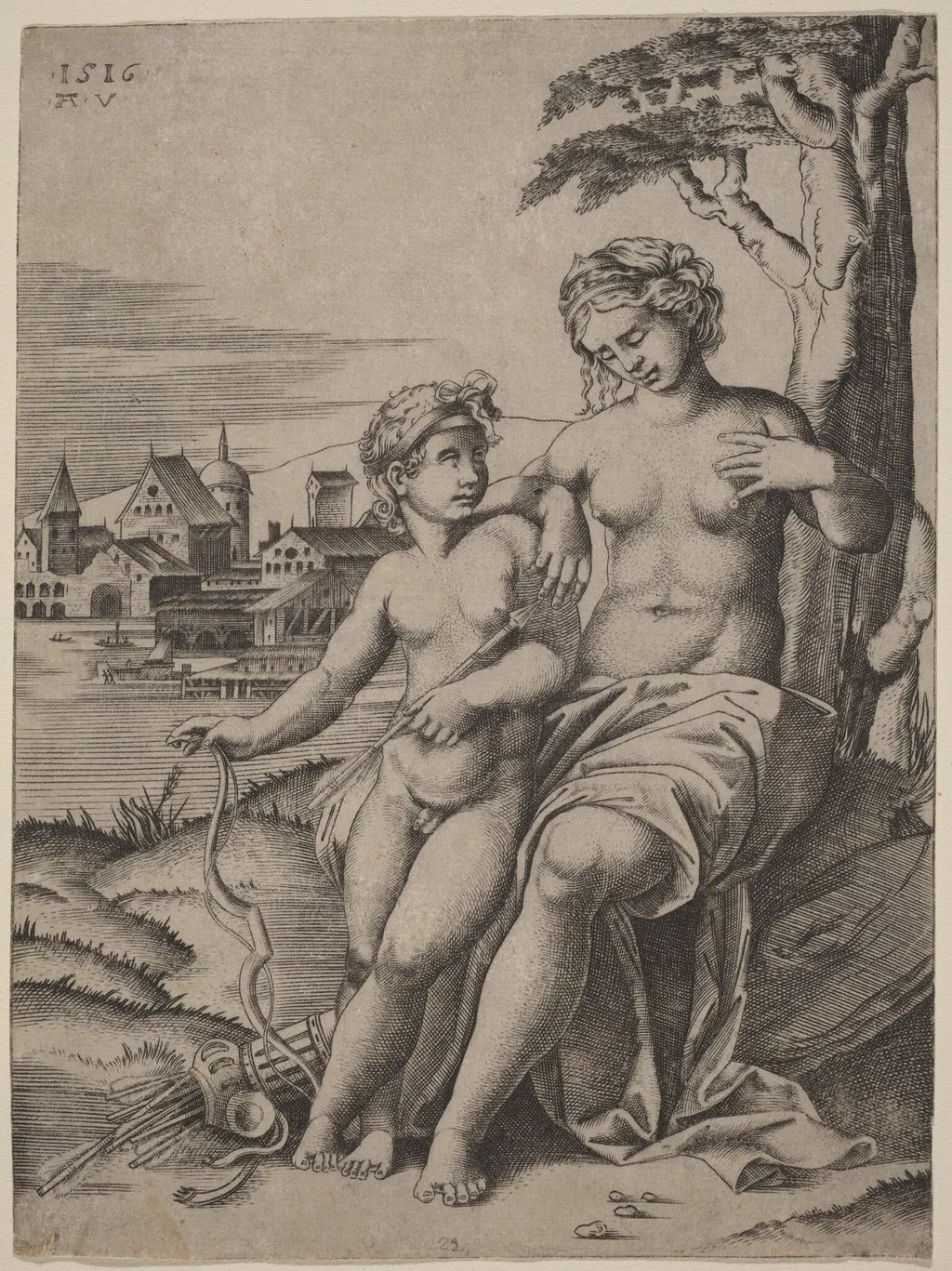 Venus and Cupid, by Agostino dei Musi, ink, 1516