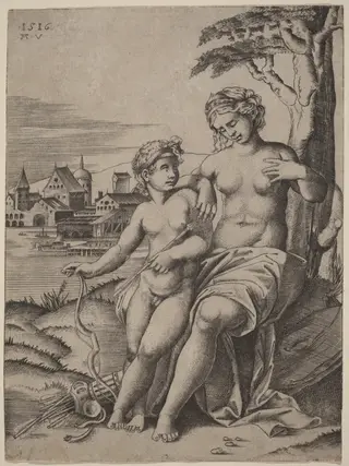 Venus and Cupid, by Agostino dei Musi, ink, 1516